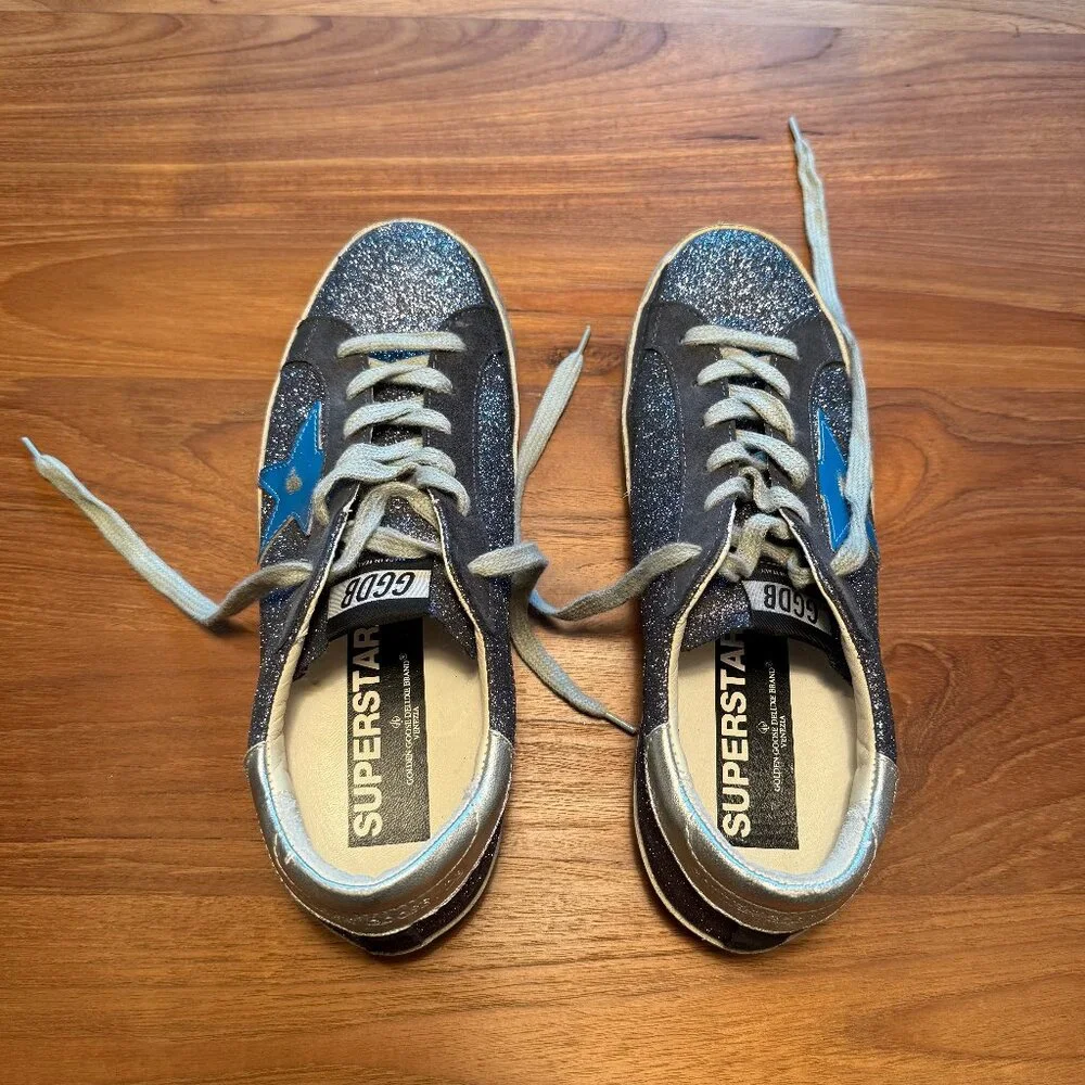 Golden Goose GGDB Women's Super Star Grey‎ Glitter Sneakers with Blue Star EU 40